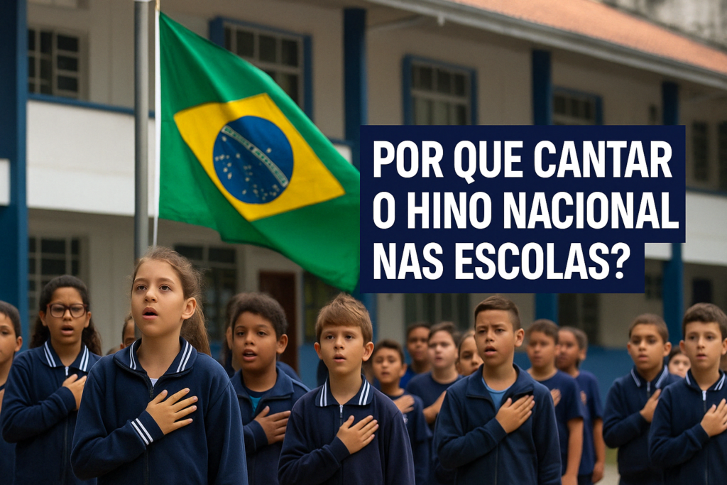 Crianças cantando o Hino Nacional Brasileiro em escola