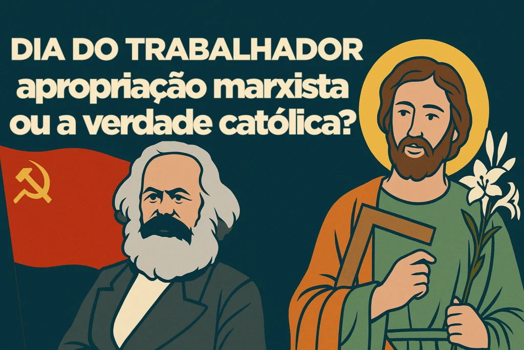 Capa de blog com ilustração estilizada de operários unidos em torno de uma cruz e de uma foice estilizadas, com o título “Dia do Trabalhador: apropriação marxista ou a verdade católica?” sobre fundo em tons sóbrios.