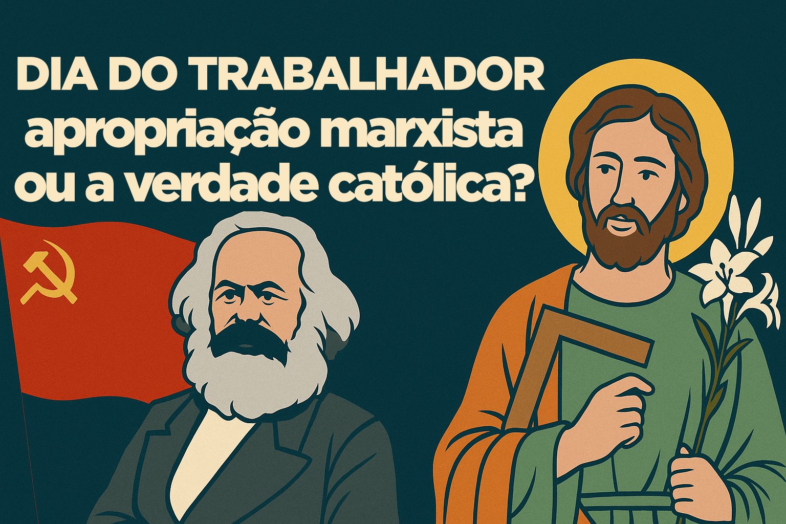Capa de blog com ilustração estilizada de operários unidos em torno de uma cruz e de uma foice estilizadas, com o título “Dia do Trabalhador: apropriação marxista ou a verdade católica?” sobre fundo em tons sóbrios.
