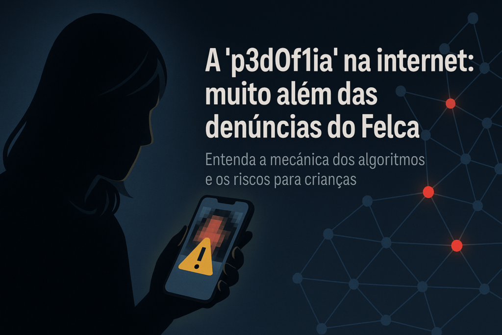 Banner escuro com silhueta de criador segurando smartphone; miniatura pixelada com ícone de alerta na tela e rede de nós vermelhos sugerindo o “algoritmo”