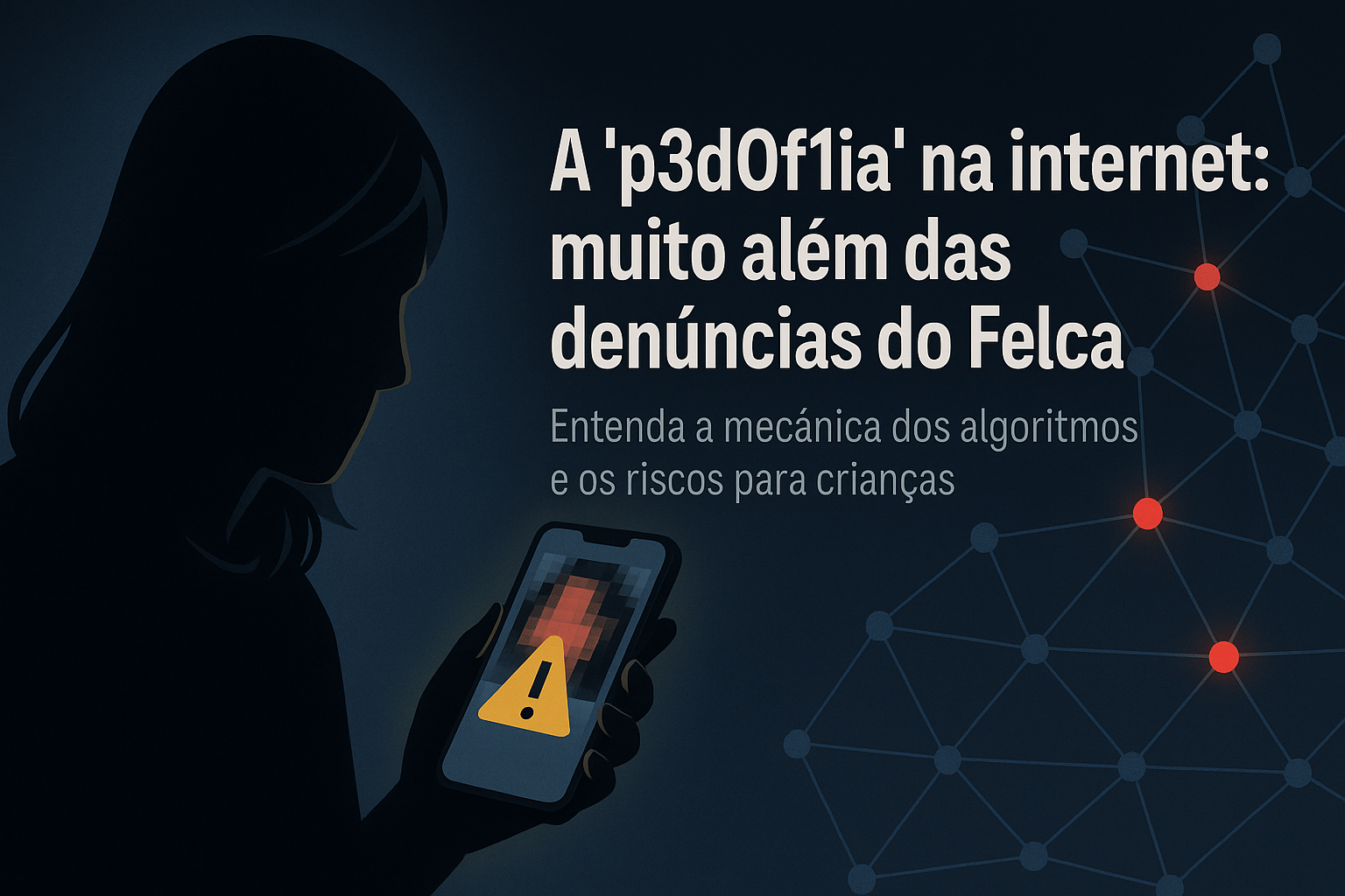 Banner escuro com silhueta de criador segurando smartphone; miniatura pixelada com ícone de alerta na tela e rede de nós vermelhos sugerindo o “algoritmo”