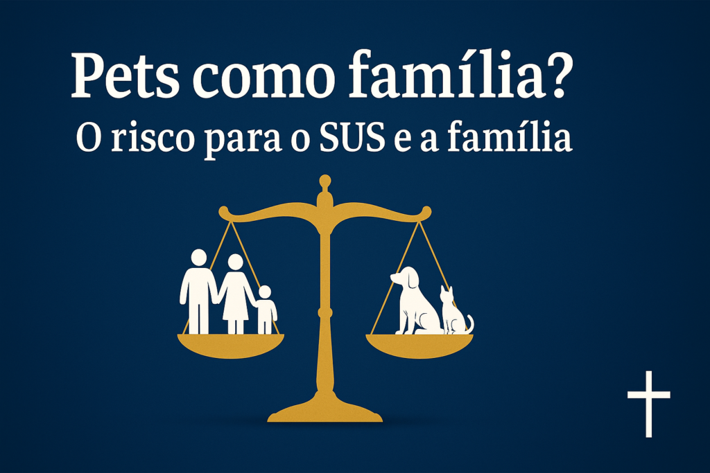 Imagem de balança comparando uma família de um lado e pets do outro, simbolizando o risco da ideologia que coloca animais no lugar da família humana