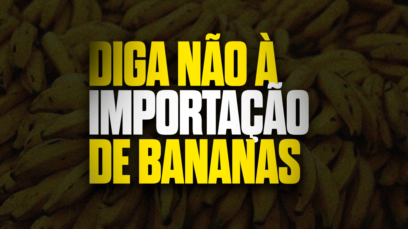 Imagem de campanha com o texto “Diga não à importação de bananas”, em destaque sobre um fundo com bananas, representando o movimento em defesa do produtor brasileiro e da agricultura familiar.